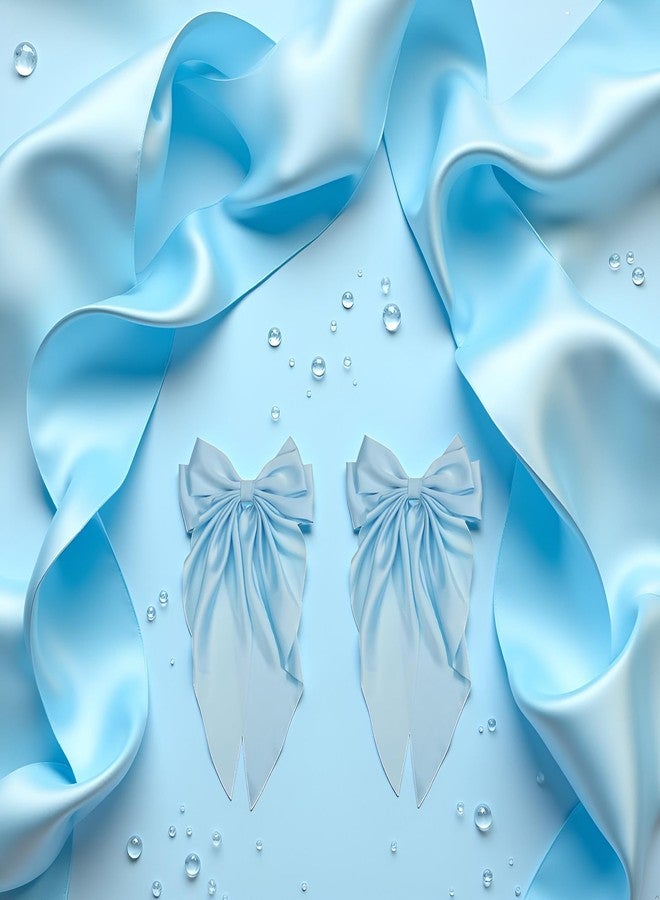 GANPUB 2Pcs Bowknot Barrette, Jumbo Silky Satin Bow Hair Clip with Long Tails for Women and Girls, Large French Metal Hair Slide Clips and Hair Accessories (Light Blue) - Image 5